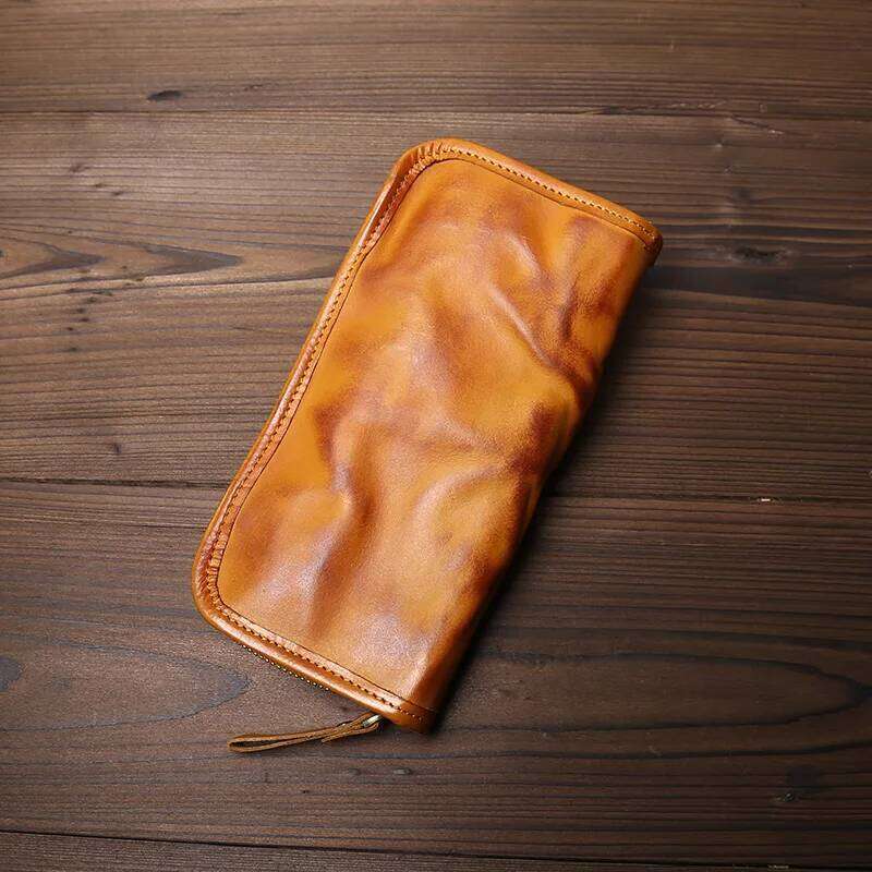 Genuine Leather Long Zipper Wallet Men's Vegetable Tanned Top Layer Cowhide Retro Multi Card Simple And Fashionable Clutch Bag