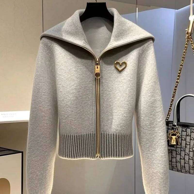 Korean Chic Gray Lapel Zipper Knitted Sweater Cardigan Women's Jacket 2025 Autumn Winter New Long Sleeve Versatile Knitwear Tops