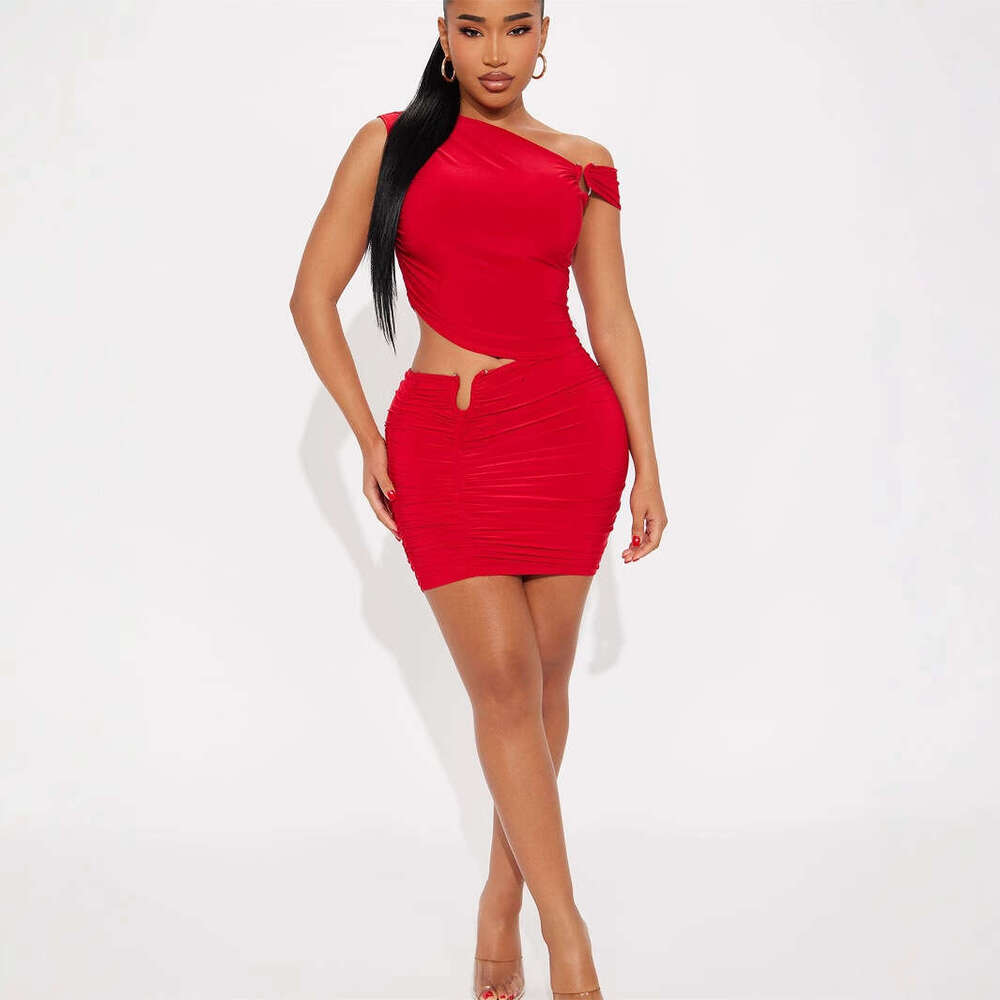 Summer New Women's Fashion Personality Sexy Hot Girl Slim Fit Asymmetric Shoulder Top Bodycon Short Skirt Set B5