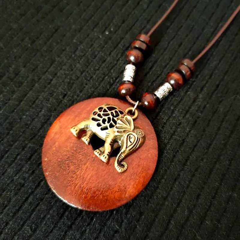 Vintage Wooden Owl Pendant Necklace Boho Ethnic Style Metal Hollow Leaves Necklaces Long Wax Rope Chain for Women Gifts V250625