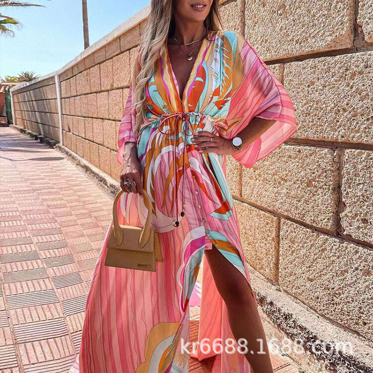 Spring New Sexy V-Neck Tie Single-Breasted Beach Dress Available B5