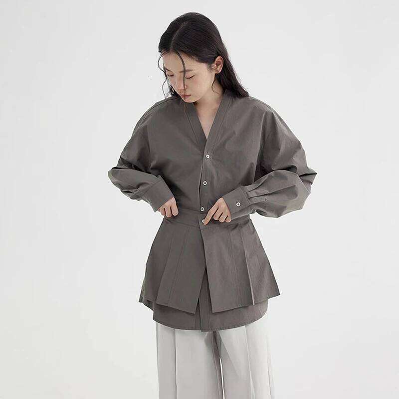 DEAT Fashion Removable Waist Seal Shirt Women's Lapel Loose Single Braested Long Sleeve Gray Blouse New Tide 7Ab8174