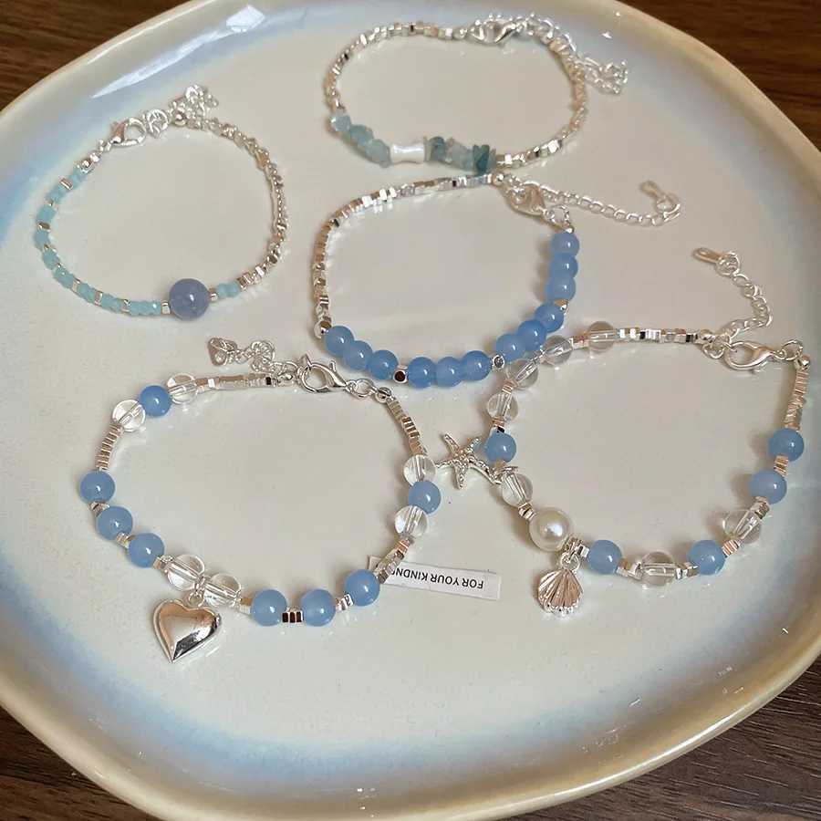 Blue Crystal Beaded Bracelets for Women Black Gallstone Fresh Sweet Starfish Shell Pendant Bracelet Elegant Hand Jewelry B X250625