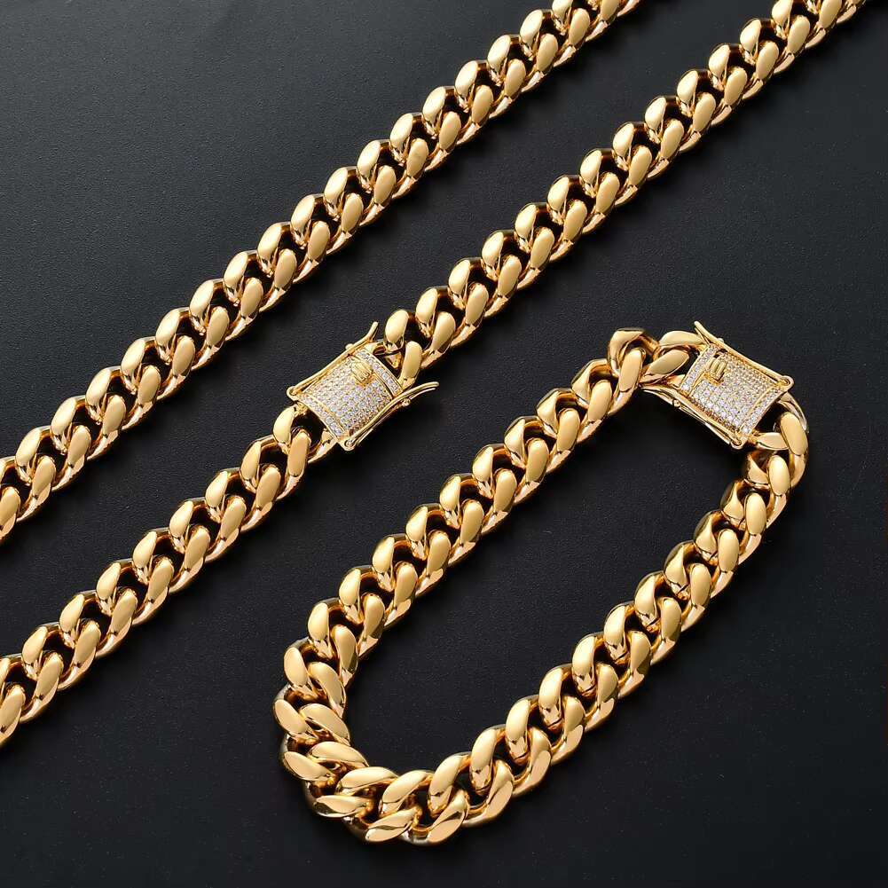 BC001 8mm 10mm 12mm 14mm Stainless Steel Cuban Chain Necklace with Brass Setting Zircon Clasp Hip Hop BLING