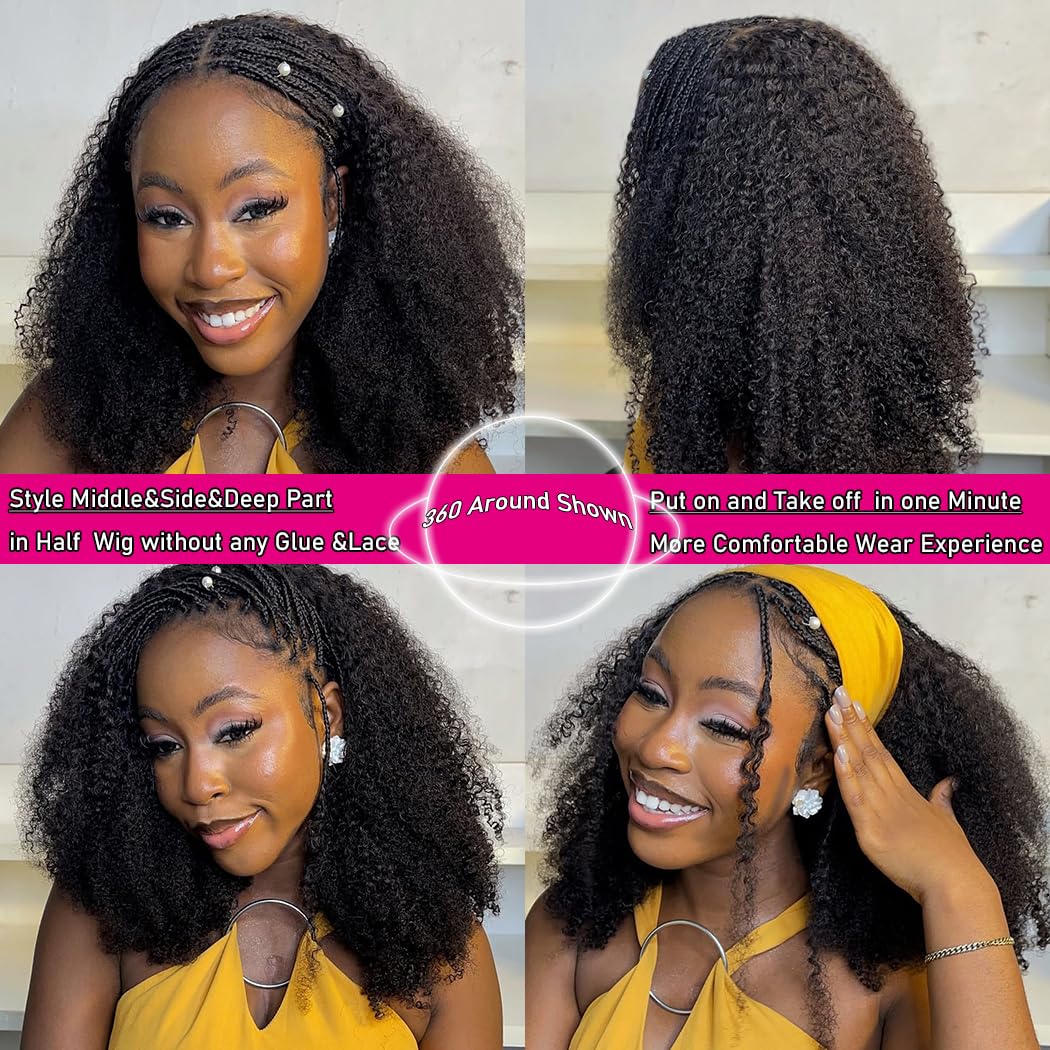 Kinky Curly Half Wig Human Hair 3 In 1 Seamless Flip Over Glueless Wear and Go Beginner Friendly Drawstring Headband Wig for Women
