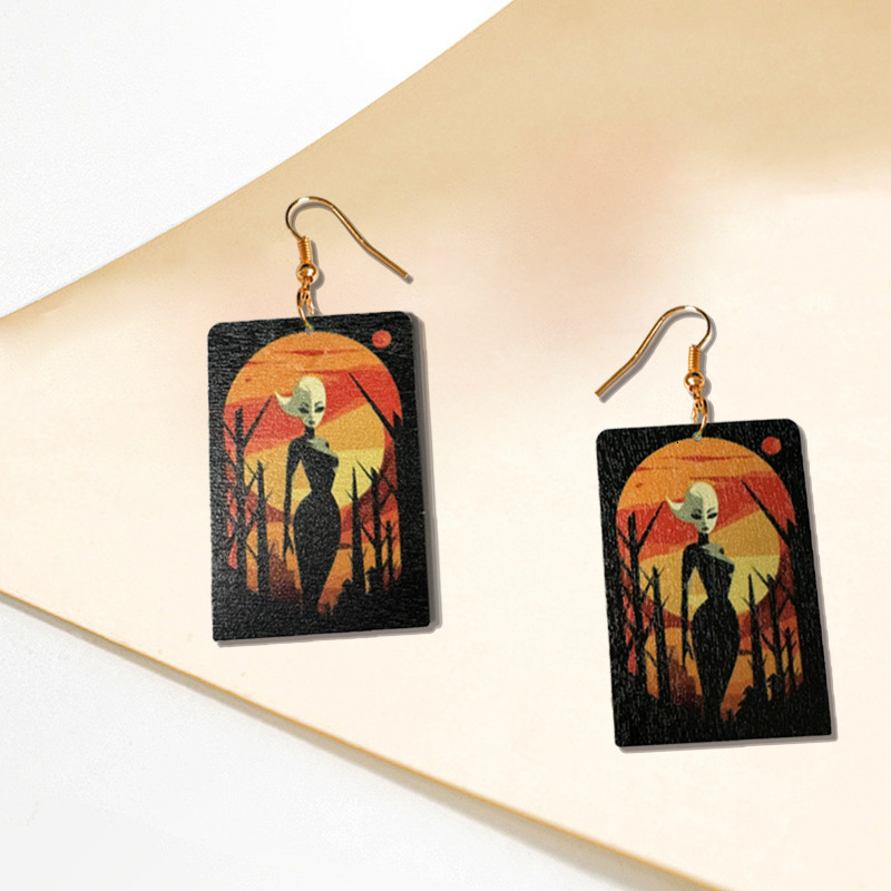 1 Pair Square Halloween Earrings for Women Alien Dark Style Sunset Celebration Double-Sided Print Funny