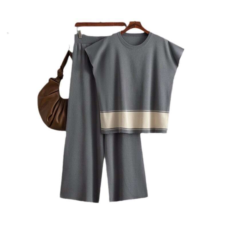 2024 Plus Size Women's Knit Sweater Loose Slimming High Waist Wide Leg Pants Fashion Two-Piece Set