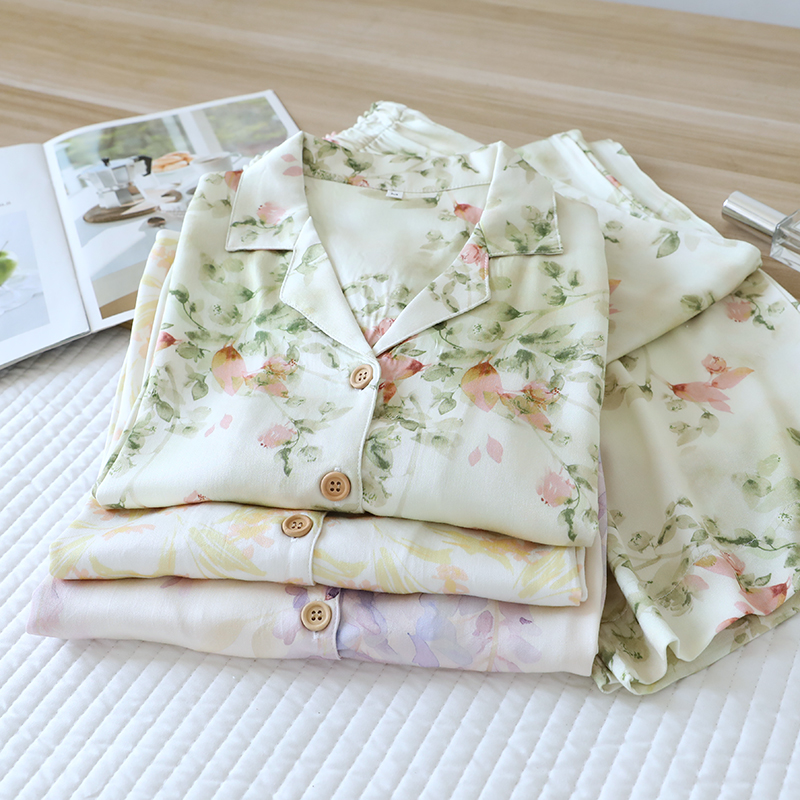 In stock women's spring and summer new items, cotton satin pajamas, elegant forest print, long sleeved straight leg pants, home wear