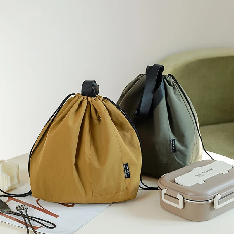 Japanese Korean Lunch Bag Cotton Canvas Large Solid Color Drawstring Portable Thermal Insulated Picnic Storage Bento Box Bag 250624