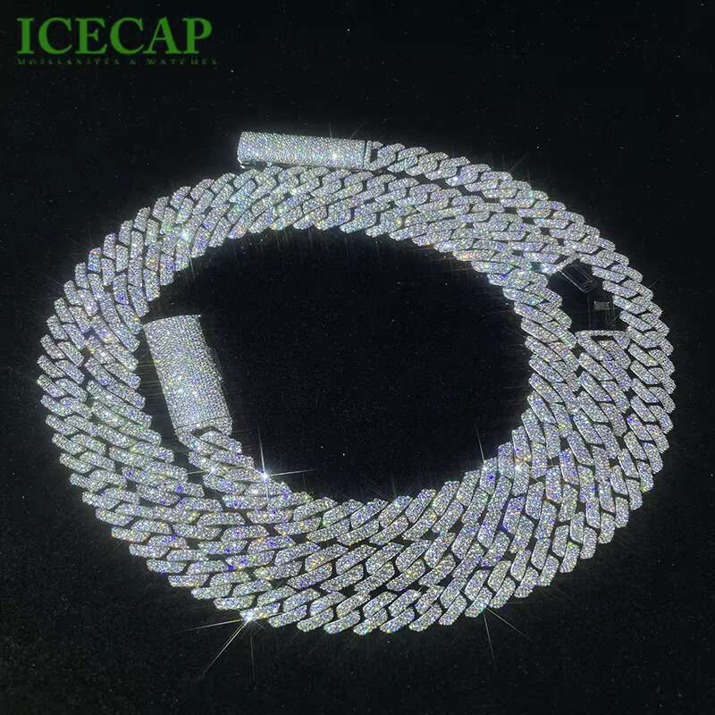 Hiphop Jewelry Moissanite Chain 10mm 12mm 2rows 925 Sterling Silver Pass Diamond Tester Cuban Link Chain Necklace for Men Gift