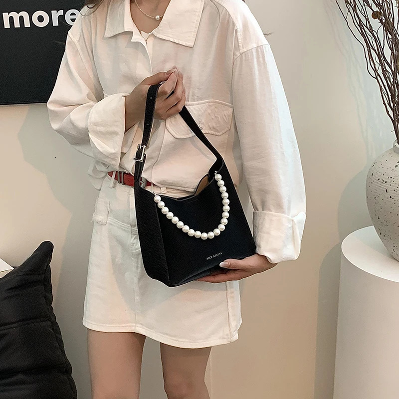 Summer Fashionable High Quality Soft Leather Bucket Bag Womens Shoulder Bag Handbag Pearl Light 250623