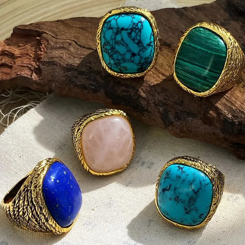 Vintage Geometric Metal Square Natural Stone Ring For Women Exaggerated Trendy Finger Jewelry Party Accessories 250624