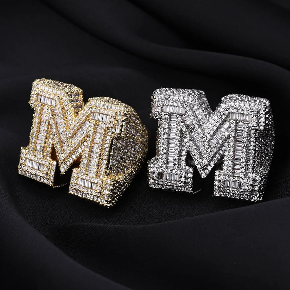 Quality Brilliant Rectangle Iced Out M Ring For Men Hip Hop M Initial Letter Round Cut Diamond Ring For Unisex jewelry 250624