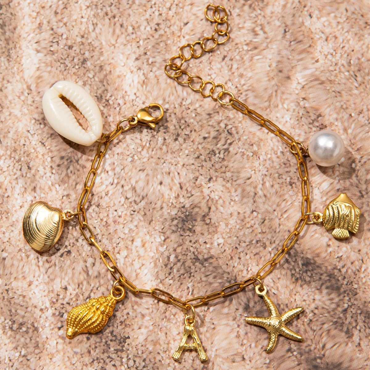 Catuni Summer Beach Initials Charm Astness Bracelet Trendy Starfish Conch Shell Pendants Hand Chain Jewelry Gift for Women X250625