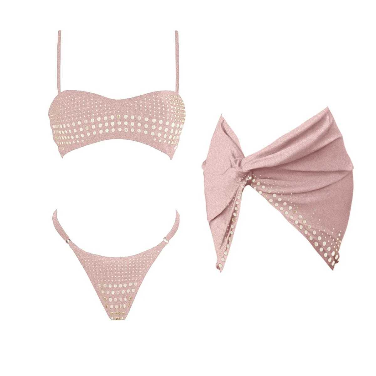 3Pcs Shiny Diamond Bikini Women Sexy Swimsuit Push Up Swimwear Bandeau Biquini Female Micro Bathing Suit Mini Skirt Beach Outfits XJ250624