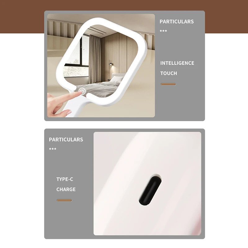 Intelligent Touch Control Three-colour LED Light Handheld Makeup Mirror Portable High Definition Cosmetic Mirror Type-c Charging 250625