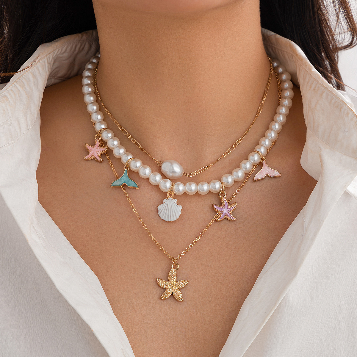 Jewelry Imitation Pearl Beach Mermaid Pendant Starfish Shell Vacation Necklace