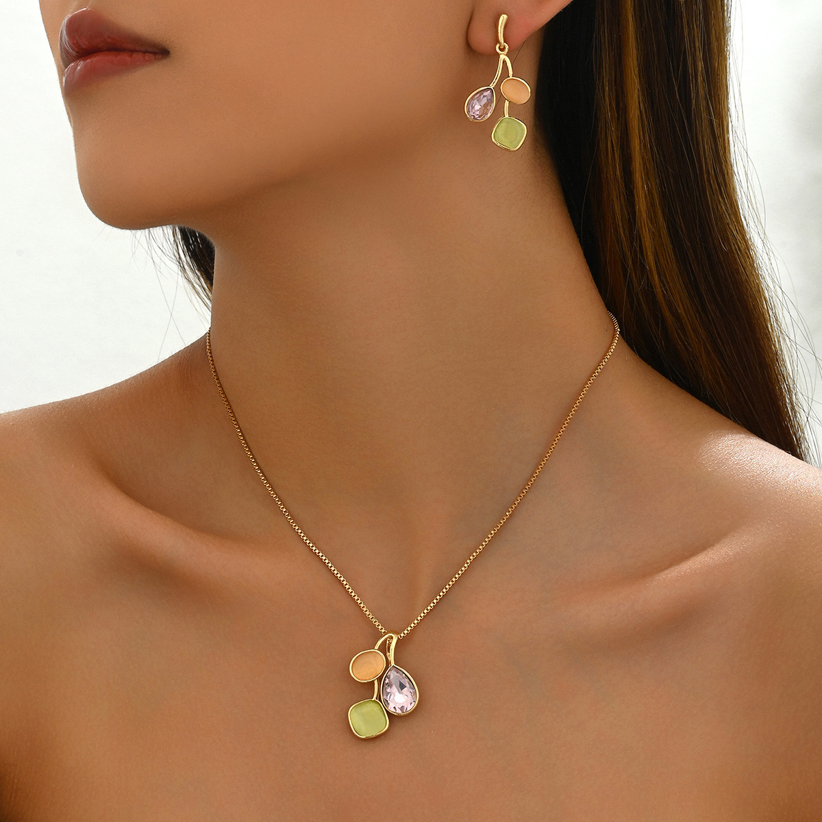 Minimalist New Forest Style Clege Wind Women S Necklace And Earring Set Inlaid Zircon Stud Long Clavicle Chain