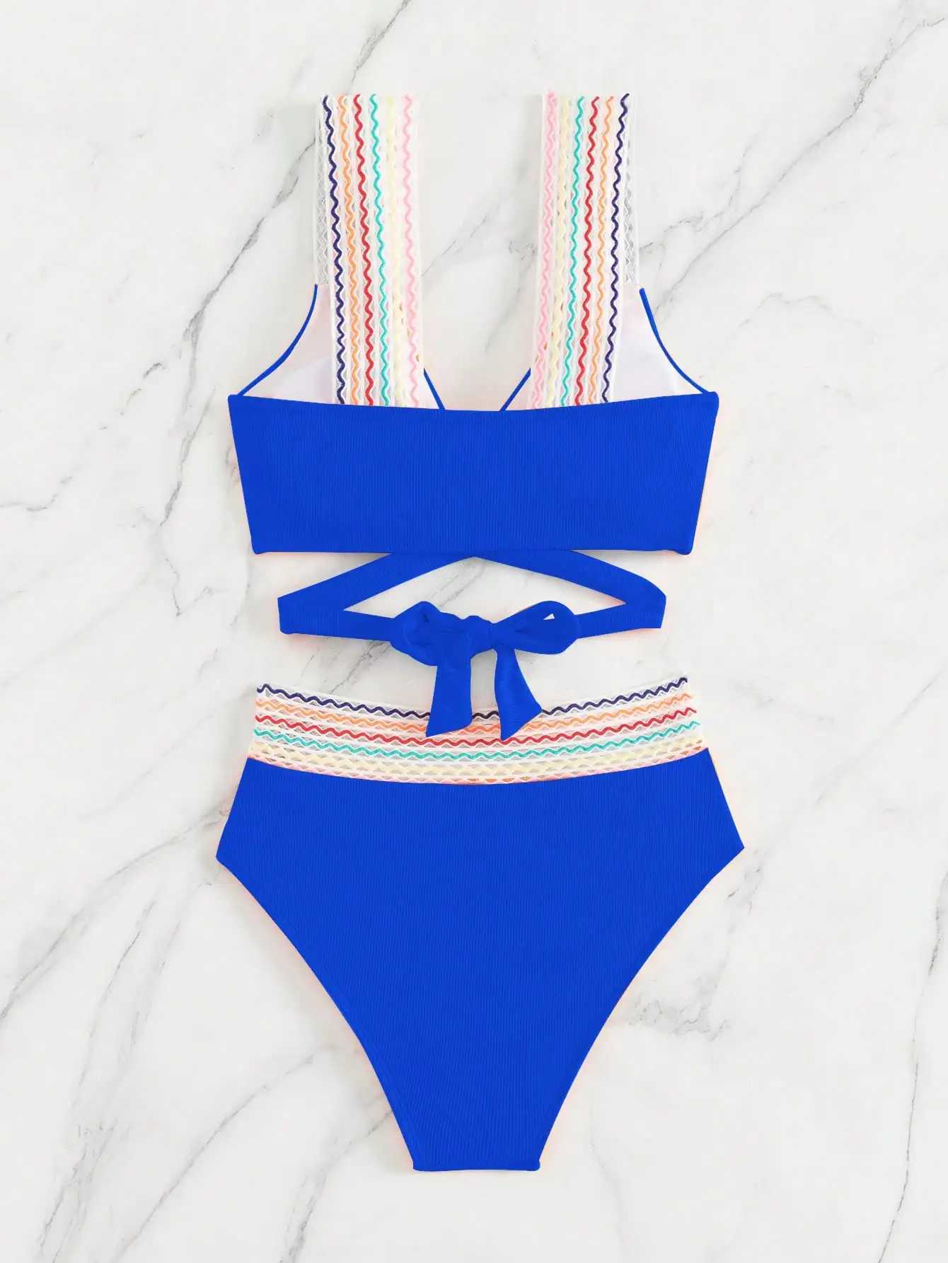 Solid color bikini top with colorful shoulder straps slimming separate high-waisted shorts summer swimwearXJ250624