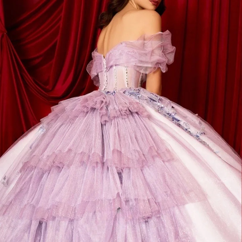 Glittering Light Pink Quinceanera Dresses Sequin Applique Beads Tulle Sweet 16 Dress Birhtday Party Dress Vestidos 15 De XV Anos