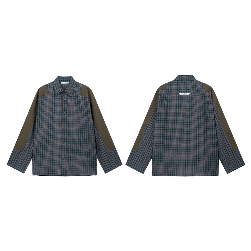 Harajuku Patch Contrast Color Checkered Shirts for Men and Women Turn-down Collar Oversized Casual Long Sleeve Fall Plaid Shirt