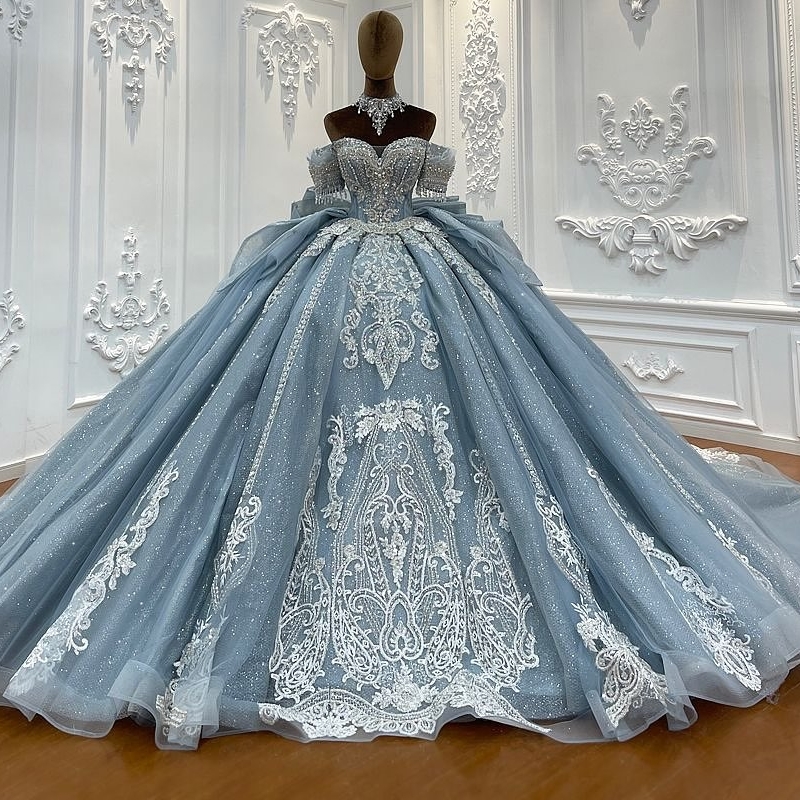 Sea Blue Shiny Quinceanera Dresses Ball Gown Off The Shoulder Sequin Applique Lace Bow Beading Crystal Tull Corset Sweet 16 Dress Vestidos 15 Anos