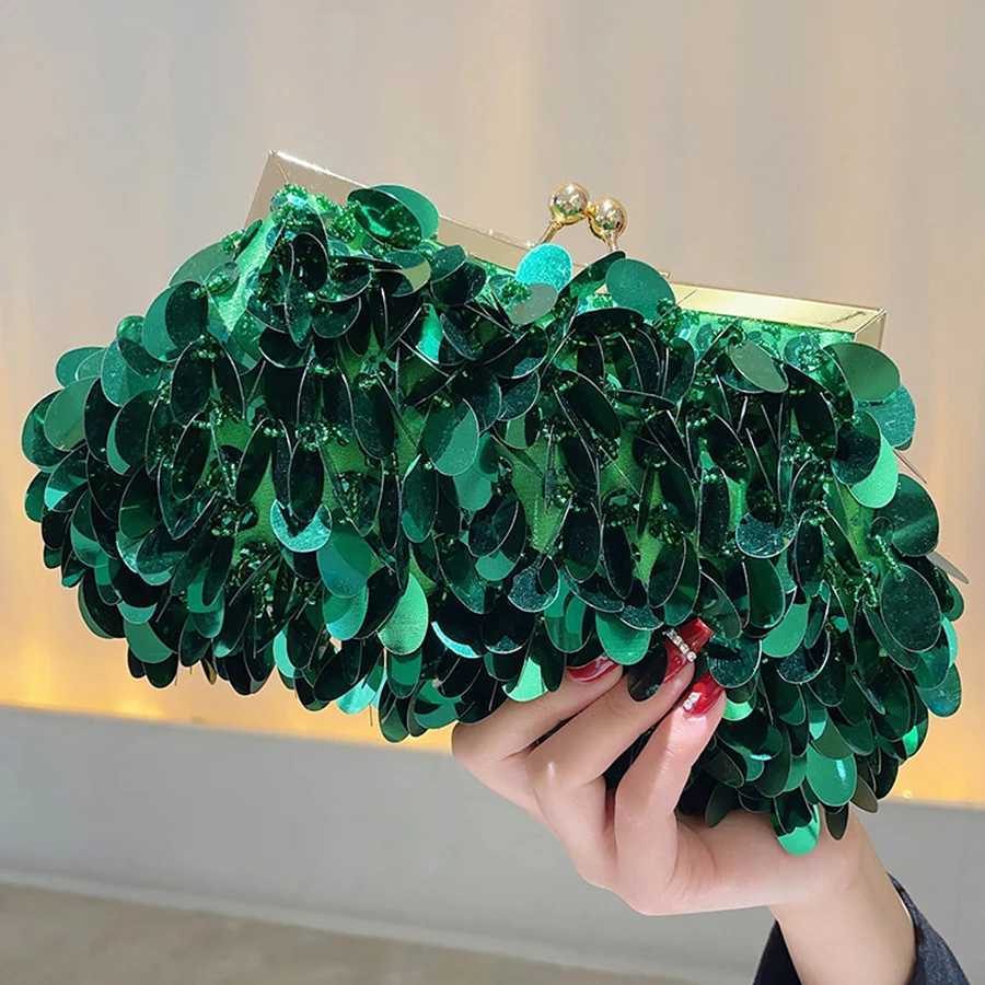 Fashion Sequins Beading Evening Bag Women Green Dinner Party Day Clutch Purse Hand-woven Chains Shoulder Bag Glitter Handbag Sac M250625