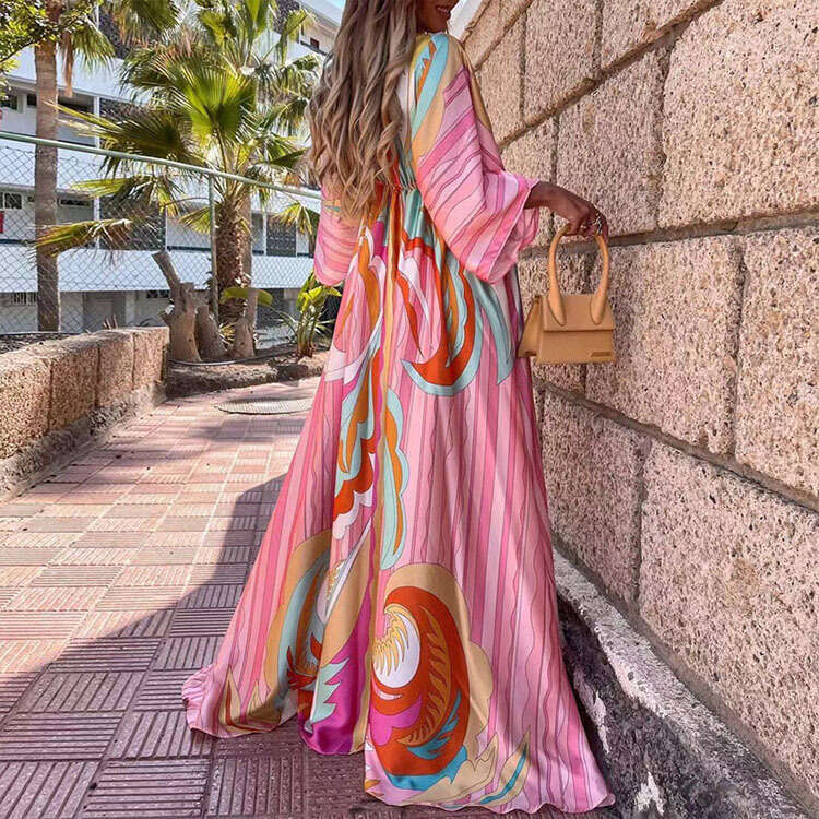Women's Fashion Spring New Printed Loose Tie Elegant Flared Dress B5