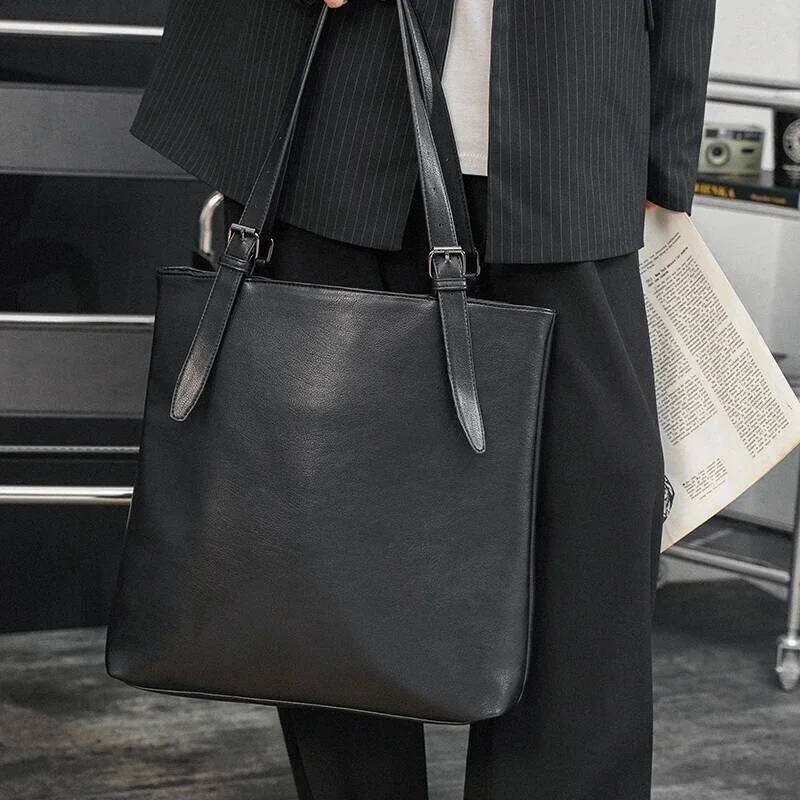Soft Leather Tote Bag For Men's Japanese Korea Style Business Casual Street Handbag Male Large Capacity Zipper Laptop Bags