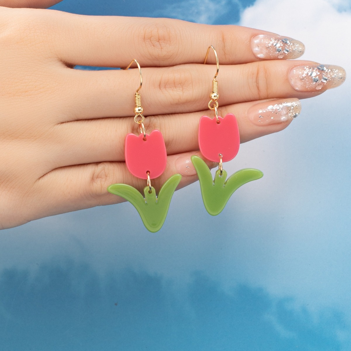 1 Pair of Pink Tulip Earrings Fresh Sweet Cute Delicate Small Acrylic Material Ins Style