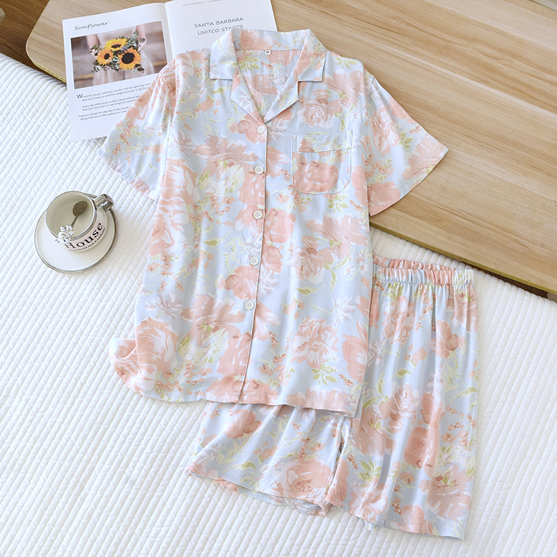 Women's summer pajama set with collar, short sleeved shorts, home wear, satin soft, comfortable and cool pajama set