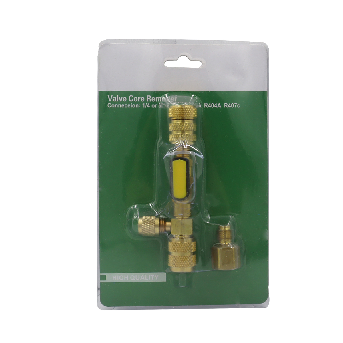 Valve core disassembly and installation tool with dual size SAE 1/4 and 5/16 ports, suitable for R22 R32 R404 R407 R410A