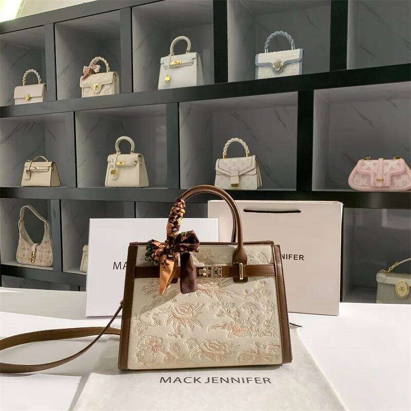 2025 Top Handle Shoulder Bag With Floral Embroidery Silk Scarf Decoration And High Quality Material Women Handbag