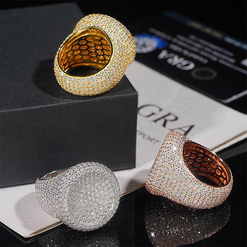 Hot Sale Round Shape Moissanite VVS Pass Diamond Test 925 Sliver Gold Plated Men's Moissanite Diamond Hip Hop Iced Out Rings