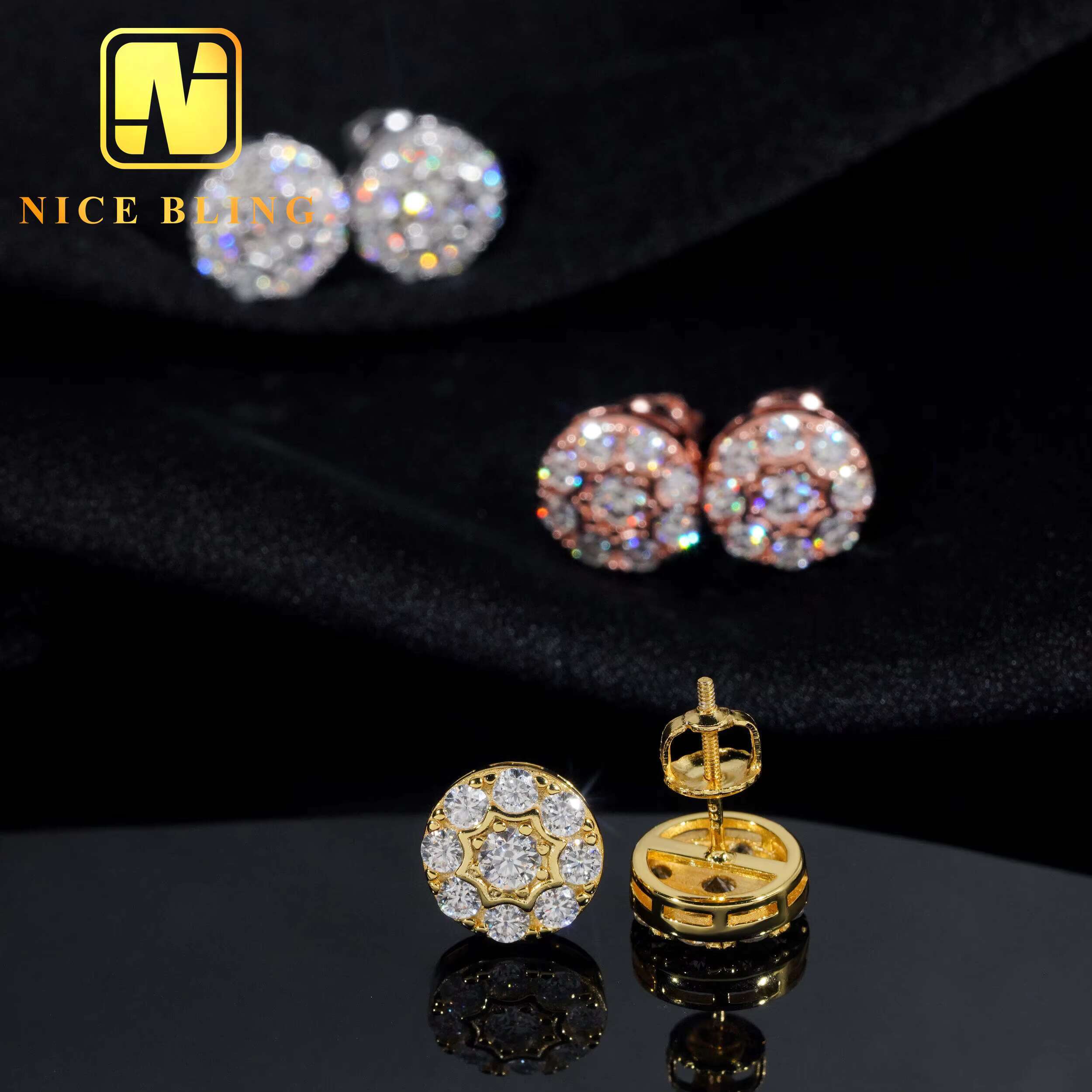 Fine Jewelry Ear Studs Iced Out 925 Sterling Silver Screw Back Round VVS Moissanite Diamond Stud Earring for Men Women
