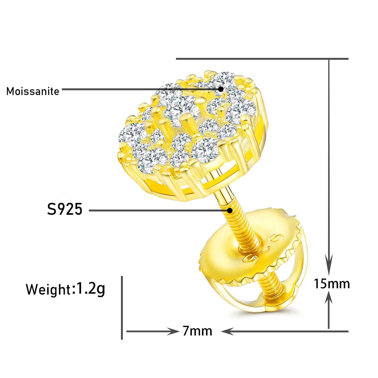 Fine Stud Earrings for 925 Sterling Silver Luxury High-quality Round Cut Unisex Metal VVS Fine Stud Earrings