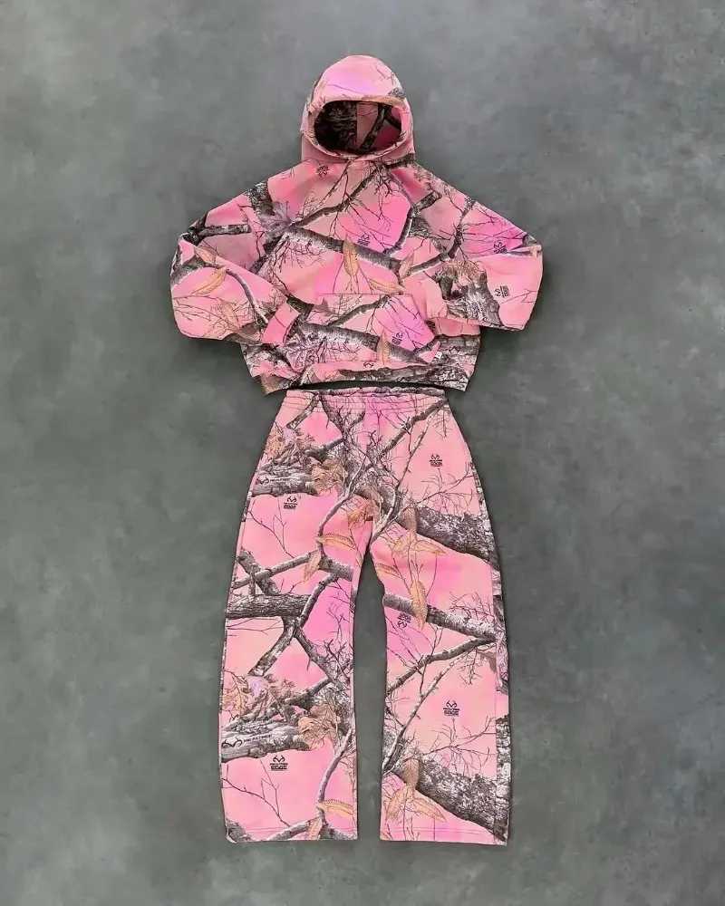 Akimboclub Fashion Pink Straight Leg Pants Hip Hop Leaves Trend Hooded Men Sweat Pants Drawstring Casual Sports Pants Streetwear X250625