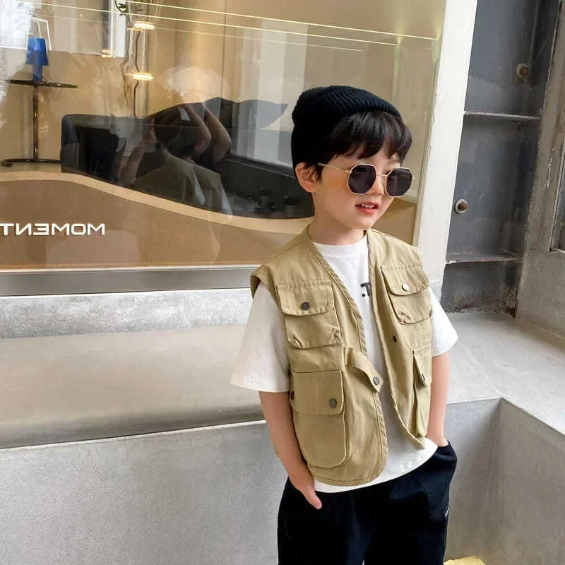 Spring Summer Boys Sleeveless Thin Jacket Coat Outdoor Cotton Vest Multi Pocket Tank Top Boys Outfit Children Clothes 250624