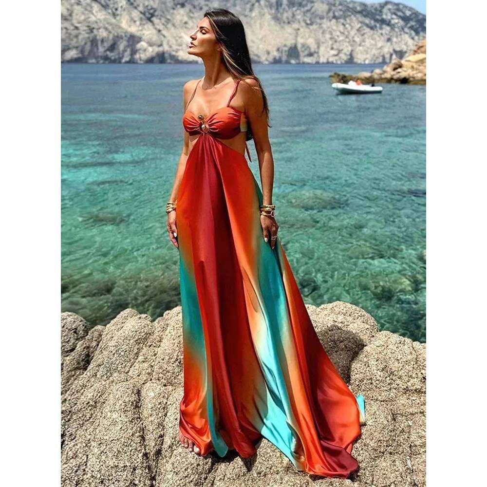 Sexy Hollow Out Maxi Vestido Women Chic Sleeveless Off Shoulder Backless High Waist Slim Dress Summer Beach Party Lady Wear 2025