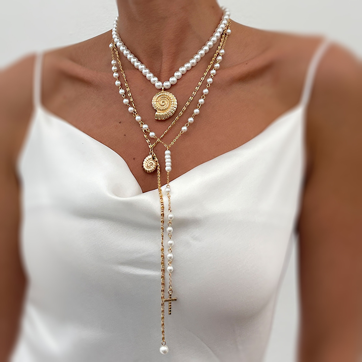 Elegant Long Pearl Y-Shaped Tassel Simple Conch Cross Pendant Layered Necklace