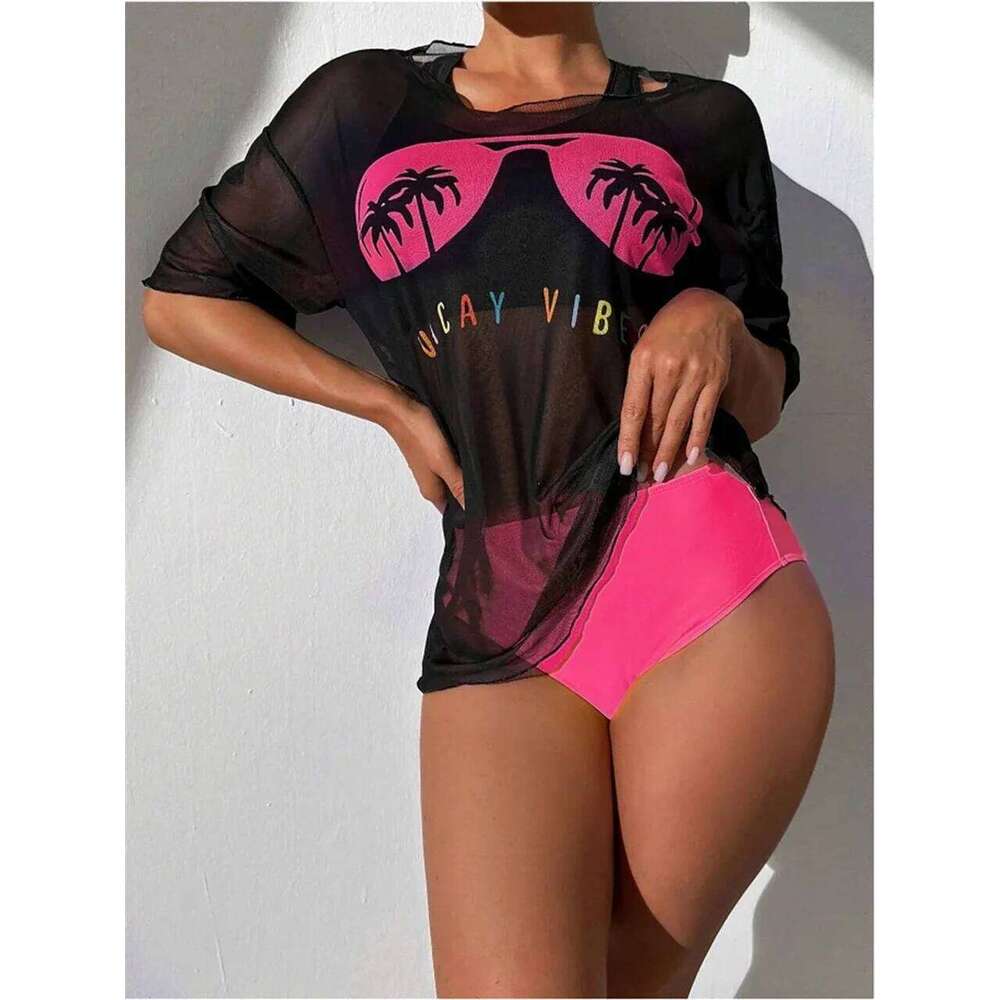 3 Pieces T-Shirt Sports Bikini Set2024 Women High Waist Swimwear Summer Beachwear Swimsuit Female Bathers Bathing Swimming Suit