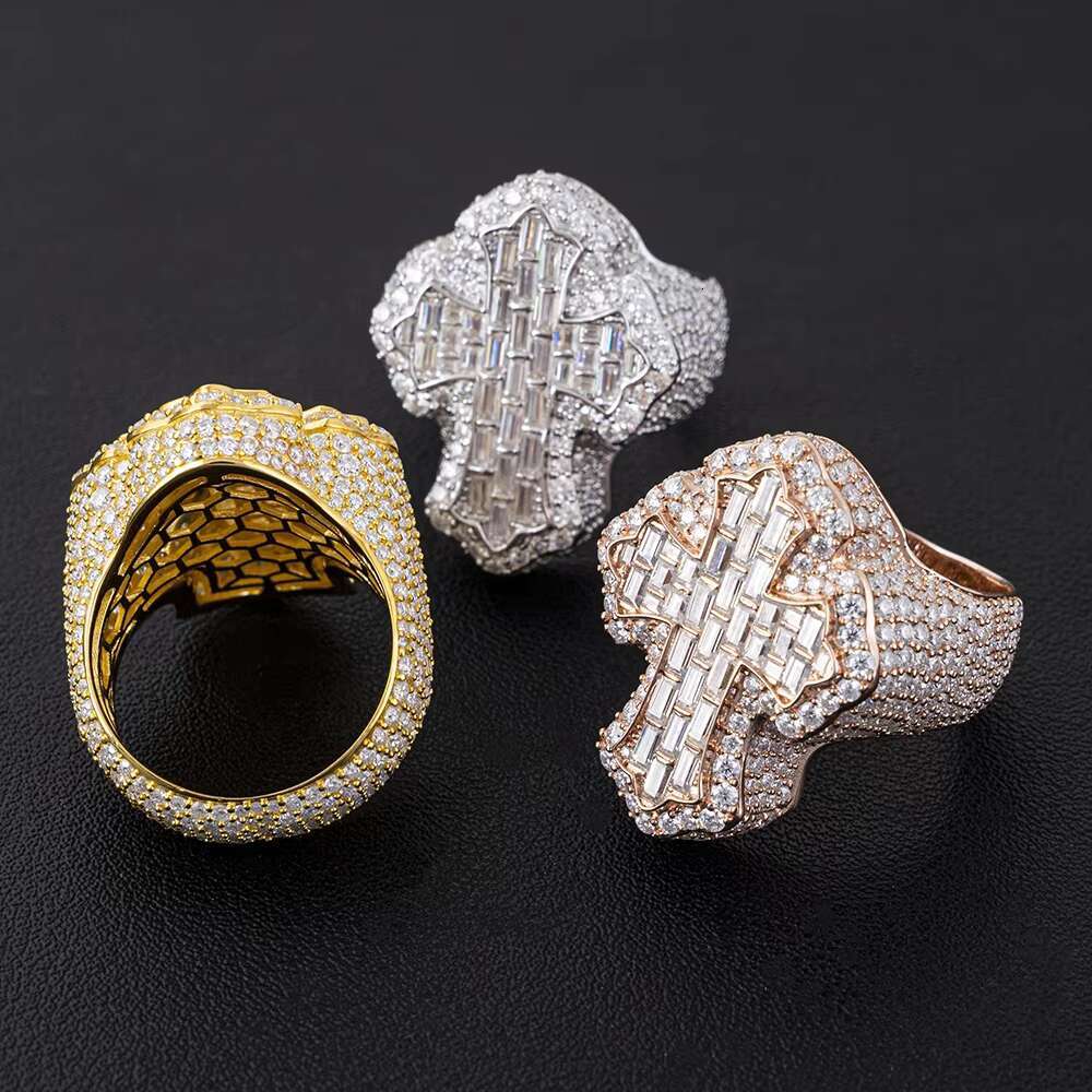 Custom Luxury Jewelry VVS Moissanite Diamond Men Ring Shining Bling Iced Out Cross Rings Hip Hop Jewelry