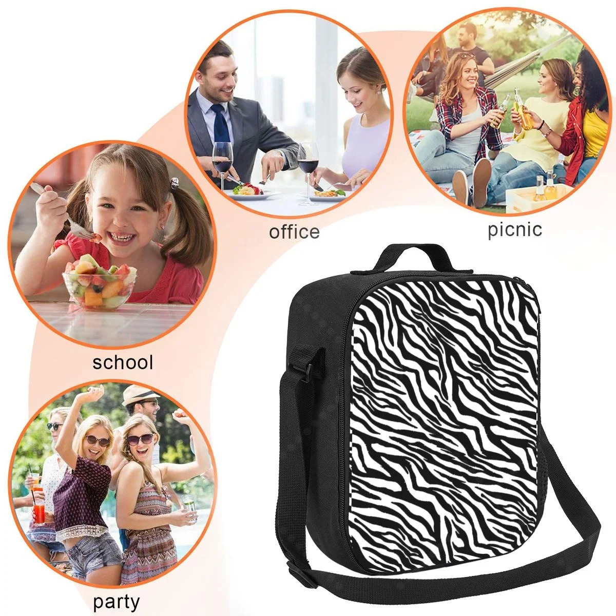Zebra Stripe Lunch Bag for Women Portable Thermal Insulated Lunch Box Picnic Multifunction Food Tote 250624