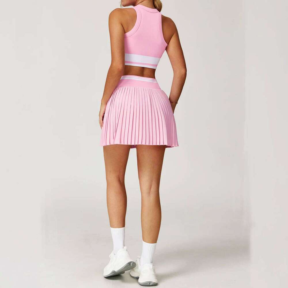 TZ5062 Color Blocking Splicing Tennis Badminton Women High Waist Short Skirt & Yoga Bra 2 Pcs Cheering Squad Running Suit