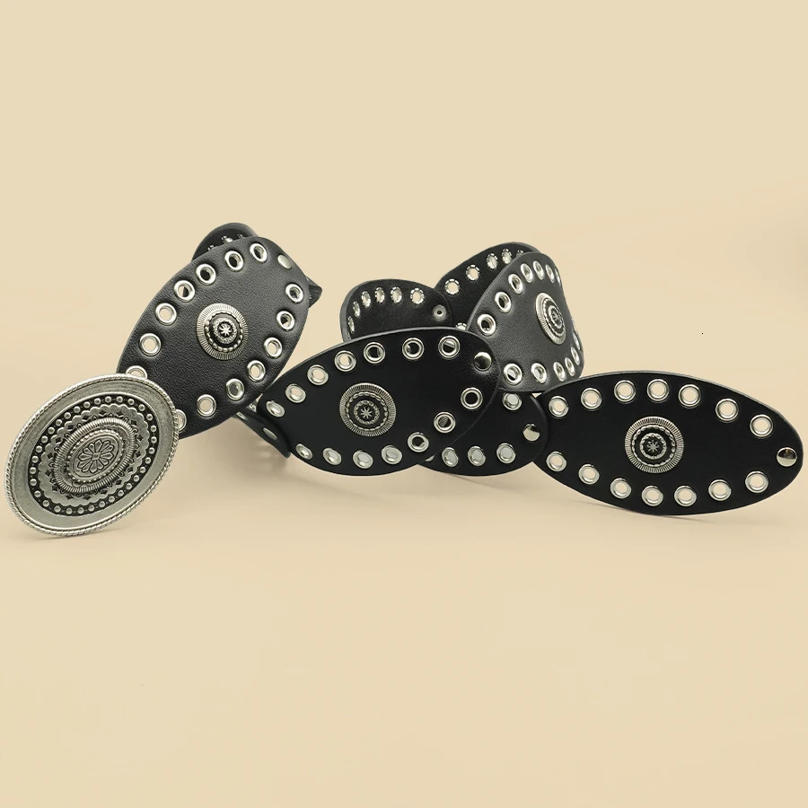 Black Vintage Western Womens Belt - Oversized Metal Conchos with Cut-Out Wide Cowboy Style Fashion Accessory 250618