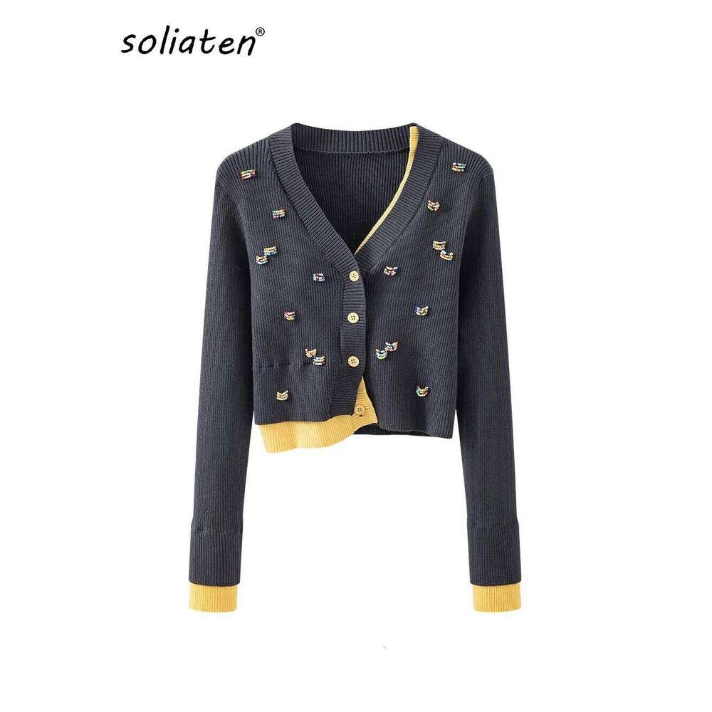 Autumn Winter Beading Cardigan Sweaters For Women V Neck Knitting Tops Loose Sleeve Knitwears Jersey Mujer Yellow 2025 New C-028