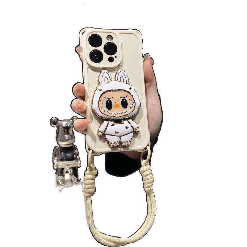 Cartoon Labubu Mirror Stand Compatible with iPhone 16 Case 12 Apple 15 Four-Corner Lanyard Anti-Drop Huawei