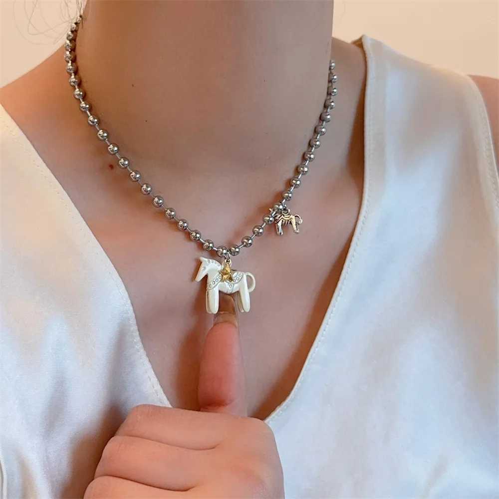 LATS White Black Green Blue Pink Color Enamel Colt Horse Pendant Necklaces for Women Silver Plated Alloy Beads Chain Chokers V250625