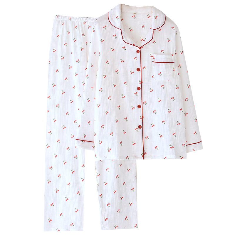 Factory direct sales of new spring and autumn styles of cherry bubble cotton pajamas for women, long sleeved pants, lapel cute home clothing sets
