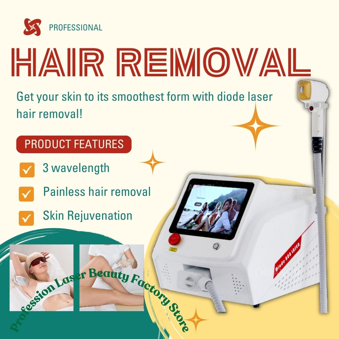 Professional Diode Laser Hair Remover 808nm/755nm/1064nm Triple Wavelength Ice Cooling System for Salon Hair Reduction